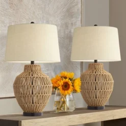 360 Lighting San Marcos 27" Tall Modern Coastal Table Lamps Set Of 2 Natural Wicker Metal Oatmeal Shade Living Room Bedroom Bedside Nightstand House