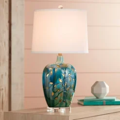 360 Lighting Devan Modern Table Lamps 24 1/2" High Set Of 2 Blue Ceramic With LED Nightlight White Oval Shade For Bedroom Living Room Bedside House -360 Lighting GUEST 05e57bf3 fe9b 4b94 87b4 af85c1447644