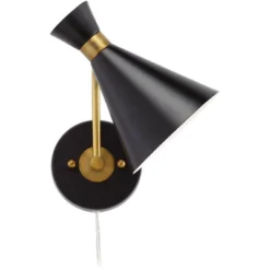 360 Lighting Venice Mid Century Modern Wall Lamps Set Of 2 Matte Black Brass Plug-in 6 1/4" Light Fixture Cone Shade For Bedroom Reading Living Room -360 Lighting GUEST 08df7bd6 cb15 4e18 86e5 4703ce5bb7e3