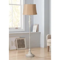 360 Lighting Vintage Chic Floor Lamp 60" Tall Antique White Washed Natural Burlap Fabric Drum Shade For Living Room Reading Bedroom Office