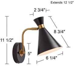 360 Lighting Venice Mid Century Modern Wall Lamp Matte Black Brass Plug-in 6 1/4" Light Fixture Adjustable Metal Cone Shade For Bedroom Living Room -360 Lighting GUEST 113063ba 6816 44b1 9d02 b4af482f8245