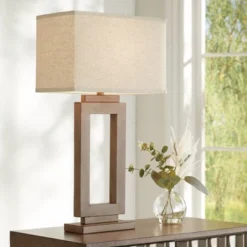 360 Lighting Rustic Farmhouse Table Lamp 30" Tall Sand Metal Open Window Oatmeal Fabric Rectangular Shade For Bedroom Living Room Bedside House Home