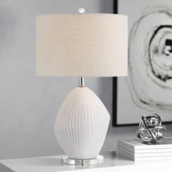 360 Lighting Lara 23" High Small Modern Coastal Accent Table Lamp Sand White Finish Single Oatmeal Shade Living Room Bedroom Bedside Nightstand House