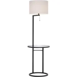 360 Lighting Modern Floor Lamp With Table Glass 62" Tall Black White Fabric Drum Shade For Living Room Reading Bedroom Office -360 Lighting GUEST 1747eed0 3578 438e 843f 72ecab9566cd