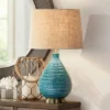 360 Lighting Kayley Modern Mid Century Table Lamp 24" High Sky Blue Glaze Textured Ceramic Linen Tapered Drum Shade For Bedroom Living Room Bedside