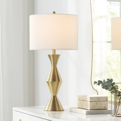 360 Lighting Elka Modern Mid Century Table Lamp 28" Tall Brass Geometric Metal White Drum Shade For Bedroom Living Room Bedside Nightstand Office Home 1 360 Lighting Elka Modern Mid Century Table Lamp 28" Tall Brass Geometric Metal White Drum Shade For Bedroom Living Room Bedside Nightstand Office Home