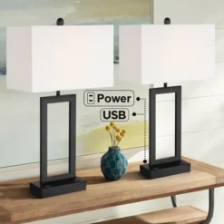 360 Lighting Todd 30" Tall Large Rectangular Modern End Table Lamps Set Of 2 USB Port AC Power Outlet Black Metal Living Room Charging White Shade