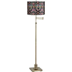 360 Lighting Chic Style Swing Arm Adjustable Floor Lamp 70" Tall Antique Brass Embroidered Drum Shade For Living Room Reading House