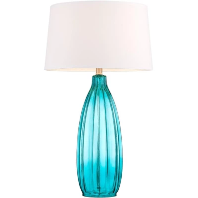 360 Lighting Stella Modern Coastal Table Lamp 30" Tall Fluted Blue Ribbed Glass White Drum Shade For Bedroom Living Room Bedside Nightstand Office 5 360 Lighting Stella Modern Coastal Table Lamp 30" Tall Fluted Blue Ribbed Glass White Drum Shade For Bedroom Living Room Bedside Nightstand Office - Image 5