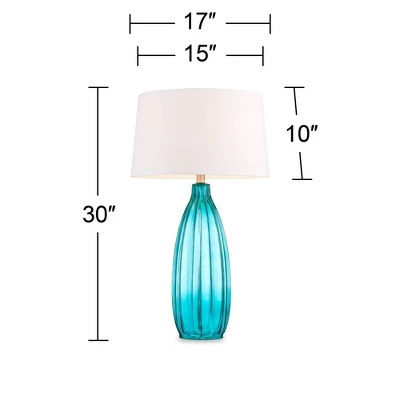 360 Lighting Stella Modern Coastal Table Lamp 30" Tall Fluted Blue Ribbed Glass White Drum Shade For Bedroom Living Room Bedside Nightstand Office 3 360 Lighting Stella Modern Coastal Table Lamp 30" Tall Fluted Blue Ribbed Glass White Drum Shade For Bedroom Living Room Bedside Nightstand Office - Image 3