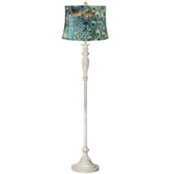360 Lighting Shabby Chic Floor Lamp 60" Tall Antique White Washed Peacock Print Drum Shade For Living Room Reading Bedroom Office