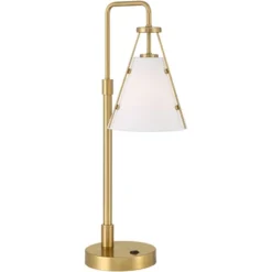 360 Lighting Brynn 25 1/2" High Industrial Desk Lamp Dual USB Port Gold Brass Finish Metal Single White Cone Shade Home Office Living Room Charging -360 Lighting GUEST 223f8b2c 5b57 403e 9b74 08d4858a7bee