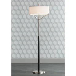 360 Lighting Modern Floor Lamp 62" Tall Black And Brushed Steel Column White Linen Drum Shade For Living Room Reading Bedroom Office