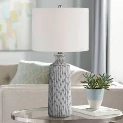 360 Lighting Patrick Modern Coastal Table Lamp 26 1/4" High Gray White Wash Geometric Ceramic Drum Fabric Shade For Bedroom Living Room Bedside Office