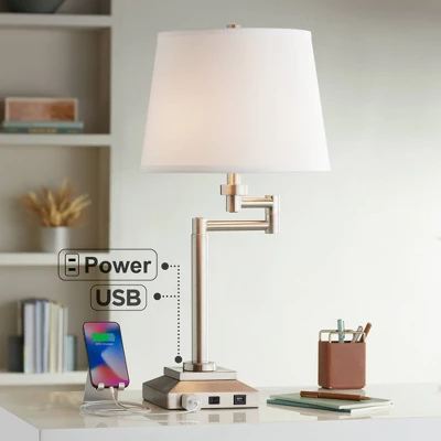 360 Lighting Camber Modern Desk Table Lamp 29" Tall Brushed Steel With USB And AC Power Outlet In Base Swing Arm Linen Shade For Bedroom Living Room 1 360 Lighting Camber Modern Desk Table Lamp 29" Tall Brushed Steel With USB And AC Power Outlet In Base Swing Arm Linen Shade For Bedroom Living Room
