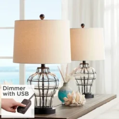 360 Lighting Hudson Rustic Accent Table Lamps 23" High Set Of 2 Bronze Clear Glass USB Charging Port Drum Shade For Bedroom Living Room Bedside Desk
