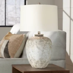 360 Lighting Astaire 27" Tall Urn Jar Farmhouse Rustic Table Lamp Weathered Vintage Finish Single White Shade Living Room Bedroom Bedside Nightstand