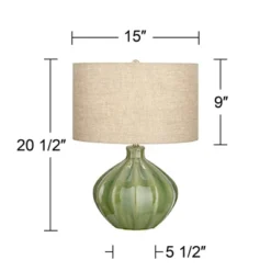 360 Lighting Gordy Modern Accent Table Lamp Handcrafted 20 1/2" High Ribbed Green Ceramic Oatmeal Fabric Drum Shade For Bedroom Living Room Bedside -360 Lighting GUEST 32580611 223c 4b4a 8385 930bb02223e5