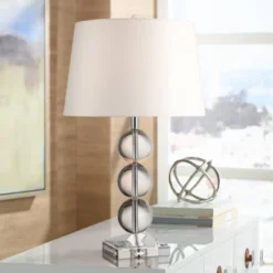 360 Lighting Mersenne Modern Table Lamp 26" High Clear Crystal Globes Stacked Silver Pole White Drum Shade For Bedroom Living Room Bedside Nightstand