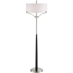 360 Lighting Modern Floor Lamp 62" Tall Black And Brushed Steel Column White Linen Drum Shade For Living Room Reading Bedroom Office -360 Lighting GUEST 338447be 1696 449c b866 067704ca3156 1