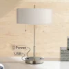 360 Lighting Nikola Modern Accent Table Lamp 23 3/4" High Silver With USB And AC Power Outlet In Base White Drum Shade For Bedroom Living Room Bedside