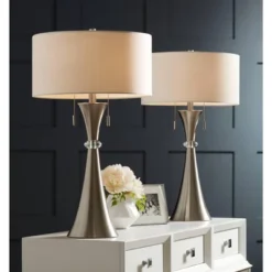 360 Lighting Rachel Modern Table Lamps 28" Tall Set Of 2 Concave Column Hourglass Metal White Drum Shade For Bedroom Living Room Bedside Nightstand -360 Lighting GUEST 361b9929 ed60 4973 bd04 b5f0fae51dcc