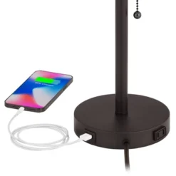 360 Lighting Modern Desk Table Lamp With Hotel Style USB And AC Power Outlet In Base 20" High Bronze Metal Oatmeal Drum Shade For Bedroom Office -360 Lighting GUEST 3672c895 ce14 46d5 b44c 93715296d97d