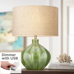 360 Lighting Modern Table Lamp With USB Charging Port 20.5" High Green Ribbed Ceramic Oatmeal Fabric Drum Shade For Bedroom Desk (Color May Vary)