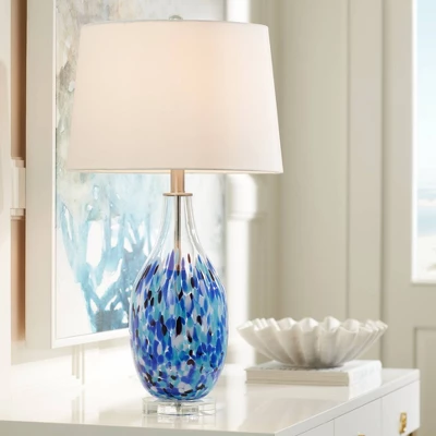 360 Lighting Marnie Modern Coastal Table Lamp 28" Tall Blue Art Glass White Fabric Drum Shade For Bedroom Living Room Bedside Nightstand Office House 1 360 Lighting Marnie Modern Coastal Table Lamp 28" Tall Blue Art Glass White Fabric Drum Shade For Bedroom Living Room Bedside Nightstand Office House