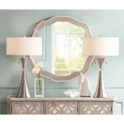360 Lighting Rachel Art Deco Style Table Lamps 28" Tall Set Of 2 Column Silver Metal With Table Top Dimmers White Drum For Bedroom Living Room Bedside -360 Lighting GUEST 4cb13a53 c015 40c1 84c1 b331d9f47c5f 1