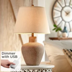 360 Lighting Rustic Farmhouse Table Lamp 29" Tall With USB Dimmer Brown Leaf Hammered Off White Shade For Bedroom Living Room House Bedside Nightstand