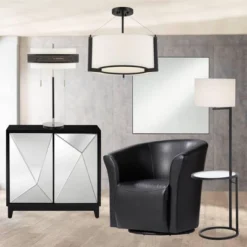 360 Lighting Modern Floor Lamp With Table Glass 62" Tall Black White Fabric Drum Shade For Living Room Reading Bedroom Office -360 Lighting GUEST 4dad97b6 b6eb 4a51 a780 60b538b6a2ab