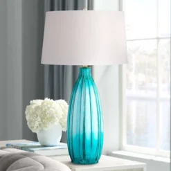 360 Lighting Stella Modern Coastal Table Lamp 30" Tall Fluted Blue Ribbed Glass White Drum Shade For Bedroom Living Room Bedside Nightstand Office