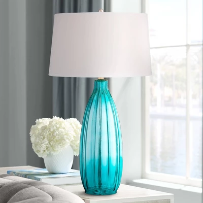 360 Lighting Stella Modern Coastal Table Lamp 30" Tall Fluted Blue Ribbed Glass White Drum Shade For Bedroom Living Room Bedside Nightstand Office 1 360 Lighting Stella Modern Coastal Table Lamp 30" Tall Fluted Blue Ribbed Glass White Drum Shade For Bedroom Living Room Bedside Nightstand Office