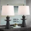 360 Lighting Fiona 24 1/2" High Mid Century Modern Table Lamps Set Of 2 USB Port Black Metal White Shade Living Room Charging Bedroom Bedside House