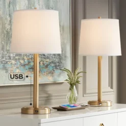 360 Lighting Camile Modern Table Lamps 25" High Set Of 2 Brass Metal With USB Charging Port Oatmeal Drum Shade For Bedroom Living Room Bedside Desk