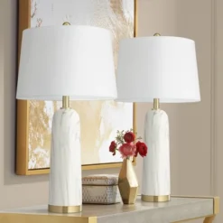 360 Lighting Maceao Modern Table Lamps 28" Tall Set Of 2 White Faux Marble Tapered Drum Shade For Bedroom Living Room Bedside Nightstand Office House