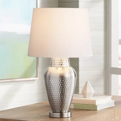 360 Lighting Rupert Modern Table Lamp 25" High Brushed Nickel Hammered White Linen Drum Shade For Bedroom Living Room Bedside Nightstand Office Kids 1 360 Lighting Rupert Modern Table Lamp 25" High Brushed Nickel Hammered White Linen Drum Shade For Bedroom Living Room Bedside Nightstand Office Kids