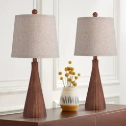360 Lighting Fraiser 23 1/2" High Cone Small Mid Century Modern Accent Table Lamps Set Of 2 Brown Wood Finish Living Room Bedroom Oatmeal Shade