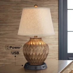 360 Lighting Buckhead Modern Accent Table Lamp 22" High Warm Bronze With Dimmer USB Workstation Base Drum Shade For Bedroom Living Room Kids Desk Home