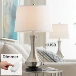360 Lighting Simon Modern Table Lamps 25 1/2" High Set Of 2 Brushed Nickel With USB Charging Port And Table Top Dimmers White Fabric For Home Desk