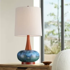 360 Lighting Andi 25" High Mid Century Modern Coastal Table Lamp Blue Green Ceramic Wood Single White Shade Living Room Bedroom Colors May Vary