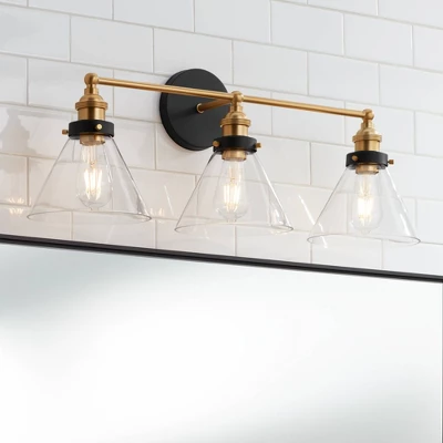 360 Lighting Burke Industrial Wall Light Black Brass Hardwire 28" 3-Light Fixture Clear Glass Shade For Bedroom Bathroom Vanity Reading Living Room 1 360 Lighting Burke Industrial Wall Light Black Brass Hardwire 28" 3-Light Fixture Clear Glass Shade For Bedroom Bathroom Vanity Reading Living Room
