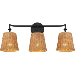 360 Lighting Keanu Farmhouse Rustic Wall Light Matte Black Hardwire 23 1/4" 3-Light Fixture Natural Rattan For Bathroom Vanity -360 Lighting GUEST 918e6ddf 771f 408f b0d3 dbdf5be162b8