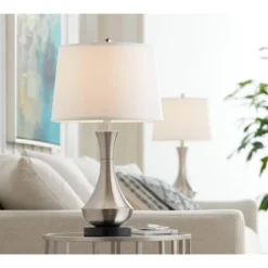 360 Lighting Simon Modern Table Lamps 25 1/2" High Set Of 2 Brushed Nickel With USB Charging Port White Fabric Drum Shade For Bedroom Living Room Desk -360 Lighting GUEST 9720b799 16c4 428e 9769 9e0d90f9cf62