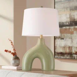 360 Lighting Lyrah 25" High Mid Century Modern Table Lamp Green Glaze Finish Ceramic Single White Shade Living Room Bedroom Bedside Nightstand House