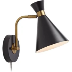 360 Lighting Venice Mid Century Modern Wall Lamps Set Of 2 Matte Black Brass Plug-in 6 1/4" Light Fixture Cone Shade For Bedroom Reading Living Room -360 Lighting GUEST 99ec13b7 cea3 4690 b2b6 30d2de8c86bf