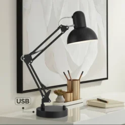 360 Lighting Wyatt 25" High Modern Desk Lamp USB Port Architect Adjustable Height Black Finish Metal Single Home Office Living Room Charging Bedroom