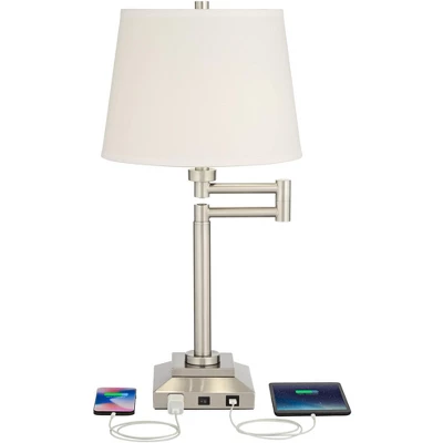 360 Lighting Camber Modern Desk Table Lamp 29" Tall Brushed Steel With USB And AC Power Outlet In Base Swing Arm Linen Shade For Bedroom Living Room 2 360 Lighting Camber Modern Desk Table Lamp 29" Tall Brushed Steel With USB And AC Power Outlet In Base Swing Arm Linen Shade For Bedroom Living Room - Image 2