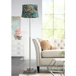 360 Lighting Abba Modern Floor Lamp Standing 66" Tall Brushed Nickel Silver Metal Peacock Print Drum Shade For Living Room Bedroom Office House Home